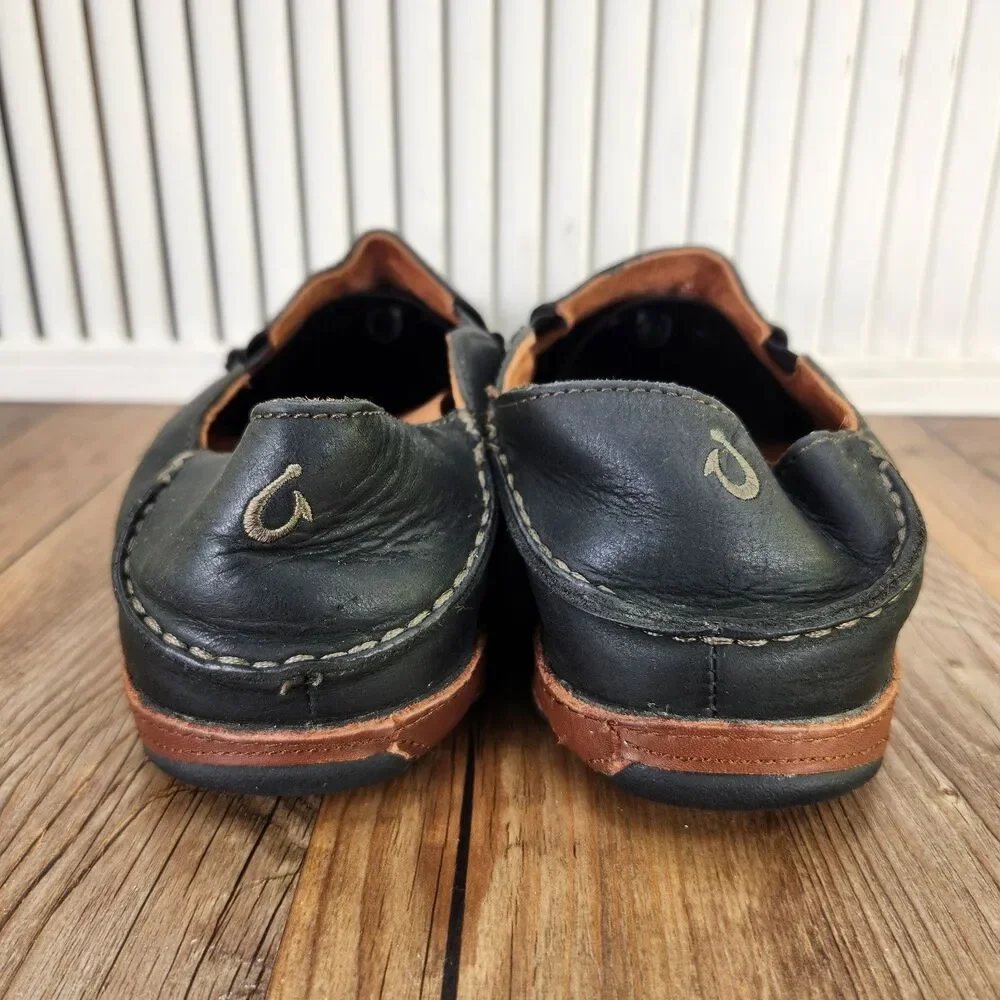 Olukai Moloa Leather Slip On Shoes Mens Sz 10 Black Brown Casual Moc Toe Loafers